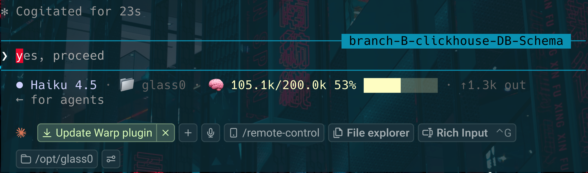 Context meter at 53% on a 200k window, coloured yellow