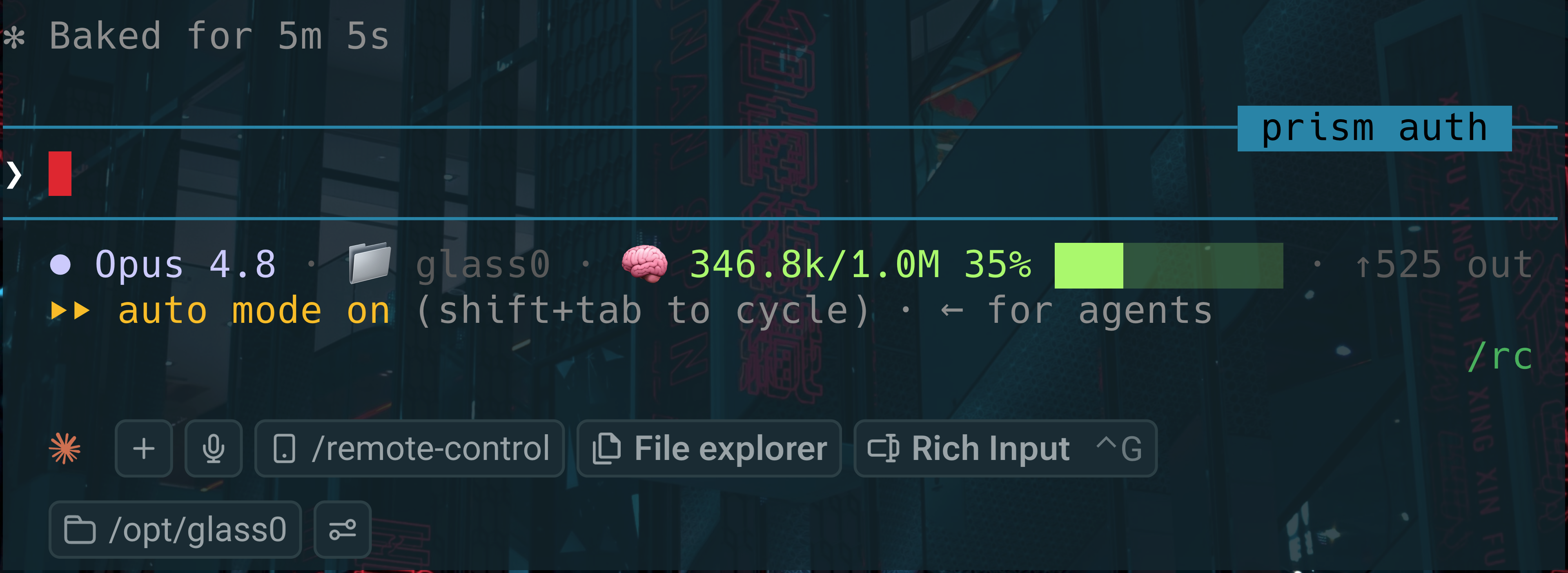 Claude Code status line: Opus 4.8 on a 1M-context window, 346.8k/1.0M at 35%
